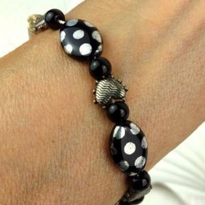 Vintage Style Black & Silver Polka Dot Glass Bead Magnetic Closure Bracelet